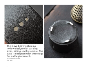 Detailed macro view of black ceramic incense burner with hollow cutouts and 3-leg support