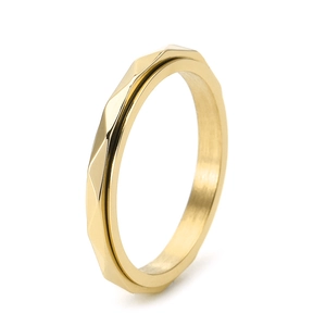 Polished gold stainless steel rotating ring with geometric faceted diamond cut surface