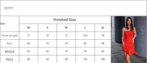 Size chart table for backless tube dress with fringe and model wearing the red mini dress