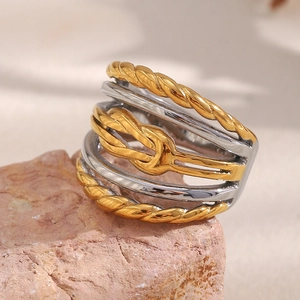 Bague Femme Plaquée Or 18K Acier Inoxydable Multicouche Bicolore Corde Torsadée Nœud Géométrique Bijoux Chic