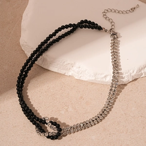 Double-layer dark contrast necklace with black beads and silver crystal studded chains