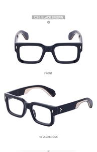 Detail view of stylish square frame sunglasses in black-brown with side and front profiles