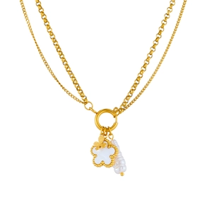 Double-layered stainless steel necklace with white shell flower and pearl pendants