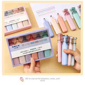 Close-up of pastel highlighters with soft wedge tips on paper for note taking