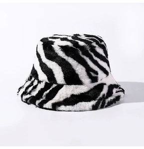 Close-up of zebra pattern faux fur texture on this thick winter bucket hat