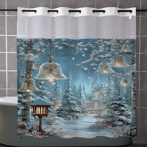 Detail of waterproof shower curtain featuring a winter snow scene and castle print