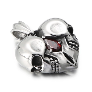 Gothic punk silver heart pendant with twin skulls and a red teardrop gemstone