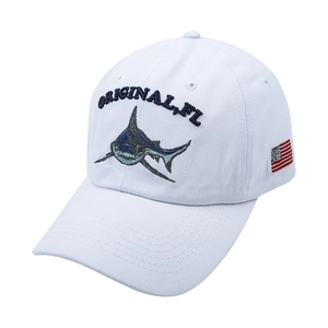 White baseball cap with shark embroidery and American flag patch in vintage style