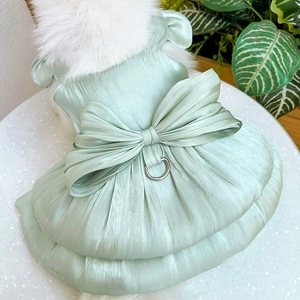 Detail of mint green pet dress with large bow, satin fabric and metal leash D-ring