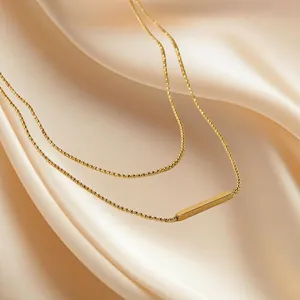 Double Layer Stainless Steel Necklace With Vertical Bar Pendant Round Bead Chain Gold Plated Minimalist INS Style For Women