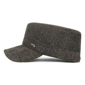 Winter wool earflap flat cap for men with fishbone pattern and warm fleece lining