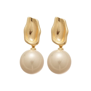 Elegant French style gold liquid metal stud earrings with large round white pearls