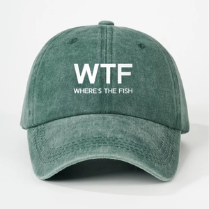 Retro dark green washed baseball cap featuring white WTF WHERE'S THE FISH print on front