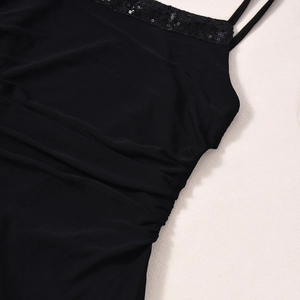Detail of black sequins and pleated mesh fabric on the shoulder of a party dress