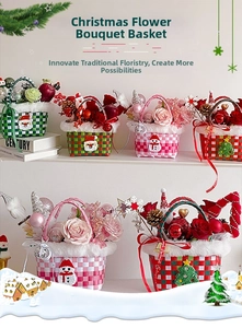 Close-up of Christmas gift flower baskets with plush Santa and snowman decorations