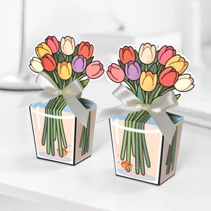 Creative tulip flower gift boxes with white bows and black borders in diverse colors