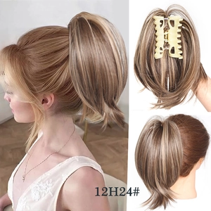 Detailed view of dark blonde wavy ponytail hairpiece with claw clip for easy attachment