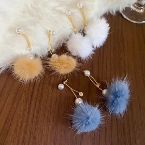 Elegant gold plated pompom pearl drop earrings in white, camel and blue colors