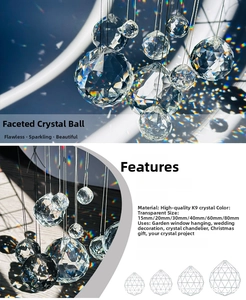 Macro view of transparent K9 crystal faceted ball showing rainbow refraction effect