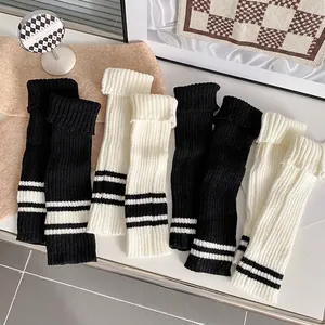 Women Ribbed Knit Leg Warmers Acrylic Y2K Striped Slouch Socks Japanese Preppy Style Soft Winter Footless Socks