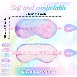Detail showing plush tie-dye eye masks with 24x10cm dimensions and elastic band