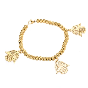 Hamsa Hand Charm Round Bead Stretch Bracelet Stainless Steel Hollow Out Gold Plated Bohemian Style Jewelry For Women