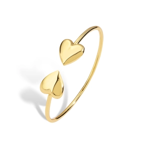 Polished 18K gold-plated cuff bangle featuring double heart-shaped ends for women