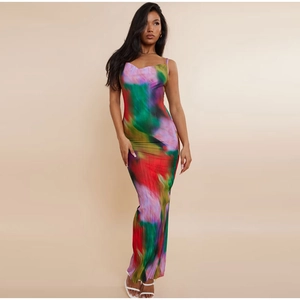 Women's slim fit cami maxi dress featuring vibrant abstract prints and pleated fabric