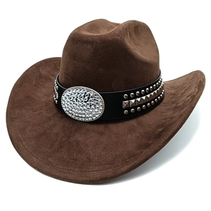 Classic dark brown suede western cowboy hat with studded leather band and rhinestone buckle