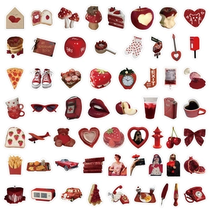 Detailed view of red aesthetic stickers featuring strawberries, pizza, and sneakers