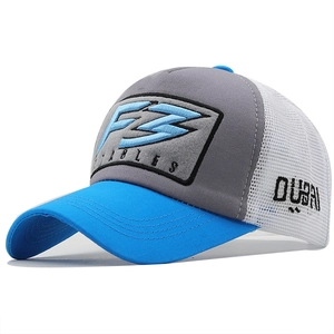 3D embroidered F3 Stables mesh trucker hat in blue, grey and white color block design