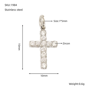 Details des Edelstahl Kreuzanhängers mit Zirkonia Steinen, 15mm Höhe, 0.6g Gewicht