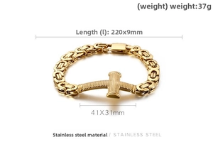 Detailed specs of men's gold stainless steel byzantine chain bracelet with cross pendant