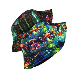 Unisex reversible bucket hat featuring a vibrant psychedelic mushroom pattern for sun protection