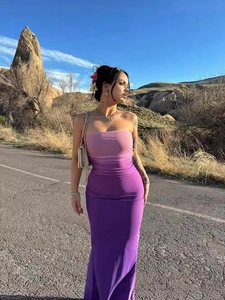 Sexy Tube Top Maxi Dress Gradient Color Ruched Slim Fit Strapless Bodycon Long Dress For Women