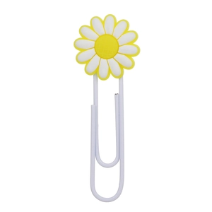 Detailed close-up of a white daisy PVC bookmark with a white metal paperclip base