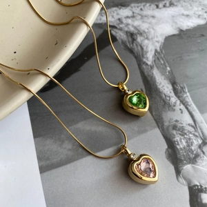 Titanium steel heart pendant necklace with gold chain and colorful zircon stones