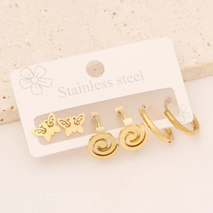 Detailed macro view of three pairs of gold stainless steel earrings on display card