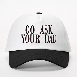 Two-tone baseball cap in black and white with Go Ask Your Dad embroidery and sun protection