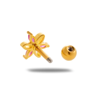 Gold flower cartilage stud with pink cubic zirconia and screw-back ball closure