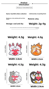 Detailed size and weight chart for enamel animal pins including cat, rabbit, fox, and penguin