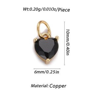 Gold plated heart pendant with black zircon, 10x6mm copper charm for DIY jewelry making