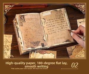 Detail of vintage European notebook with burnt edges, butterfly art and dip pen on wood