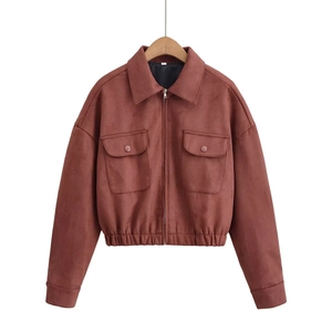 Women's orange faux suede jacket with lapel collar and zip-up drawstring hem