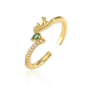 Gold plated open ring featuring a pear-cut green gemstone and white zircon accents