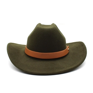 Detailed texture of dark green wool felt cowboy hat with brown leather band and gold rivet