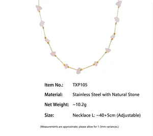Detail of pink natural stone beads on a gold stainless steel adjustable chain