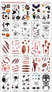 Detailed catalog of 25 Halloween temporary tattoo designs including scars and spiders
