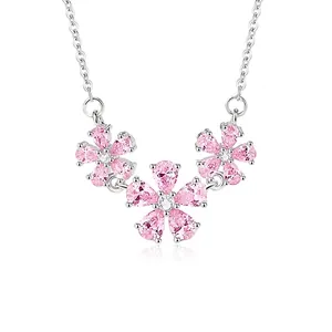 925 Sterling Silver Peach Blossom Necklace Pink Cubic Zirconia Flower Pendant Sweet Romantic Jewelry Gift For Women