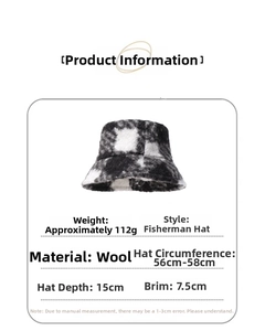 Size specifications of black and white checkered woolen bucket hat with 7.5cm brim detail
